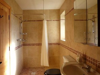 A bathroom with a shower area with curtain a toilet a sink a mirror and tiled walls at The Well House in Kinvara County Galway