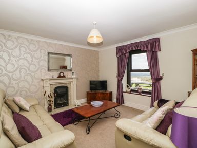 A living room with cream sofas and purple cushions a wooden coffee table a fireplace a TV on a stand and a window with purple curtains at Moors Farm in Littledean