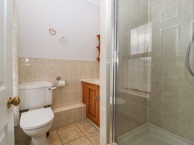 A bathroom with a toilet a wooden cabinet and a glass shower at Moors Farm in Littledean