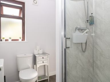A bathroom with a toilet window small plants a side table with toilet paper and a glass door shower at Moors Farm in Littledean