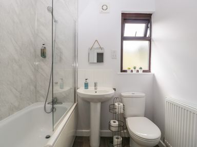 A bathroom with a bathtub shower combination a pedestal sink a toilet and a window with plants at Moors Farm in Littledean