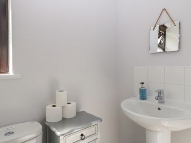 A bathroom with a pedestal sink soap dispenser mirror toilet with three toilet paper rolls on a cabinet Moors Farm Littledean
