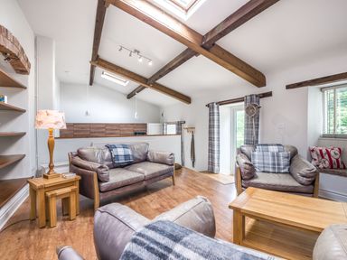 A sitting room with leather sofas wooden furniture exposed ceiling beams and skylights at Teal Barn Annexe in St Weonards