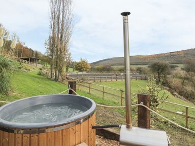 An outdoor hot tub with a wood stove in a fenced grassy area with hills and trees at Middle Hivron in Bleddfa