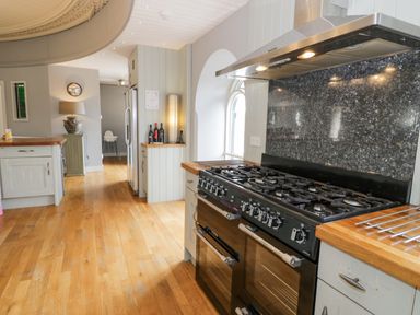 A kitchen with a large black stove a granite backsplash wooden floors and a refrigerator at Capel Mawr in Llanrug near Llanberis