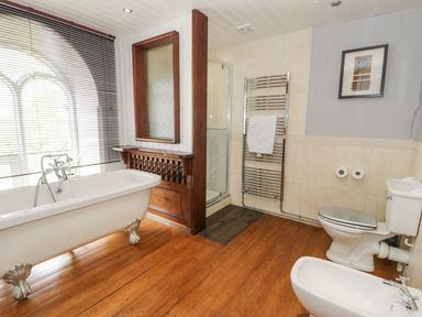 A bathroom with a clawfoot bathtub wooden flooring shower area toilet bidet and a towel rack at Capel Mawr in Llanrug near Llanberis
