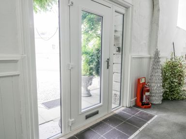 An entrance area with a glass door and side windows a fire extinguisher plant decoration and stairs in Capel Mawr Llanrug near Llanberis
