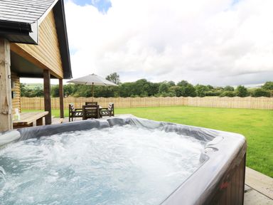 An outdoor patio area with a hot tub a wooden table and chairs with an umbrella a wooden fenced lawn and a wooden cabin at Caban Nant Ddu in Rhayader