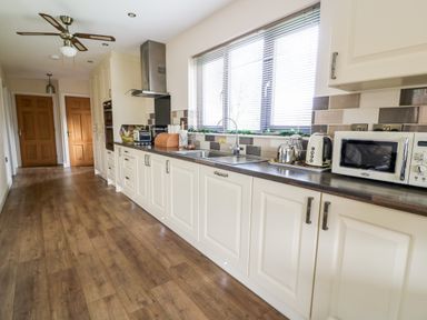 A kitchen with white cabinets a ceiling fan and wooden flooring at Caban Nant Ddu in Rhayader