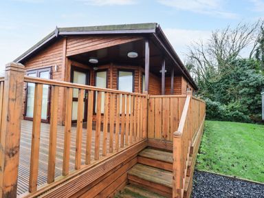 A wooden lodge with deck and railing surrounded by grass and trees at Roe Deer Lodge Castlewigg near Whithorn