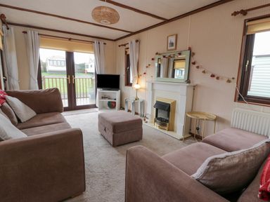 A living room with sofas a television and a fireplace at Roe Deer Lodge Castlewigg near Whithorn