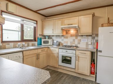 A kitchen with wooden cabinets a gas stove a microwave oven a toaster a refrigerator and a window at Roe Deer Lodge in Castlewigg near Whithorn
