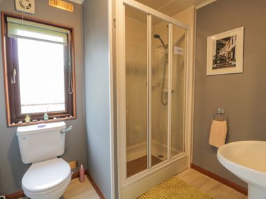 A bathroom with a toilet next to a window and a shower with sliding doors a sink and a towel ring on the wall at Roe Deer Lodge in Castlewigg near Whithorn