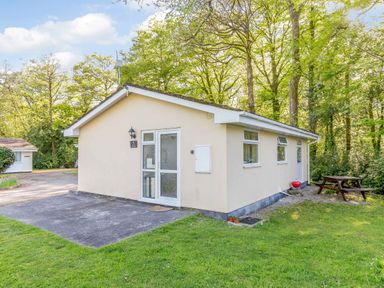 A small cream-colored building with glass door and windows surrounded by grass and trees at Brook Cottage in Rosecraddoc Lodge near Liskeard