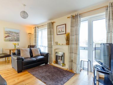 A living room with a black leather sofa a fireplace a television a dining table and chairs at Brook Cottage in Rosecraddoc Lodge near Liskeard