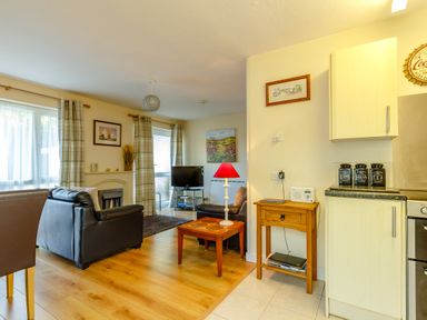 A living room with leather sofas a small wooden table and a TV next to a kitchen area with storage jars at Brook Cottage Rosecraddoc Lodge near Liskeard