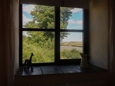 A window with small animal figurines and a jug on the sill looking out to trees and hills at Owls Nest in South Molton