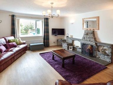 A living room with a red sofa and cushions a purple rug wooden coffee table a stone fireplace and a wall-mounted TV at Simdda Wen Cottage in Llanddona near Beaumaris