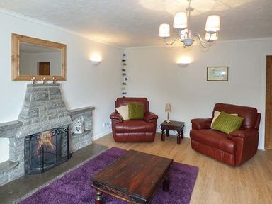 A living room with two leather armchairs a fireplace a wooden coffee table and a purple rug at Simdda Wen Cottage in Llanddona near Beaumaris