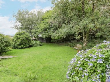 A garden with green grass trees a wooden bench and purple flowers at Is Y Deri in Harlech