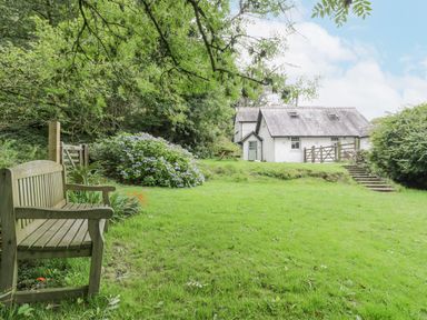 A white house with a wooden bench and green lawn surrounded by trees and bushes at Is Y Deri in Harlech
