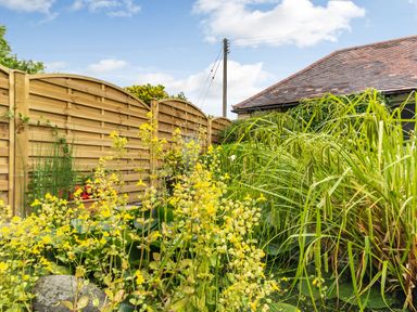 A garden with yellow flowers and green plants next to a wooden fence and a building with a tiled roof at West End Barn in Cleeve Prior near Evesham