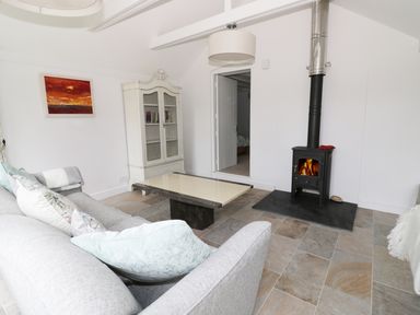 A living room with a gray sofa cushions coffee table white cabinet and wood burning stove at Pebworth Cottage Pebworth near Stratford-upon-Avon