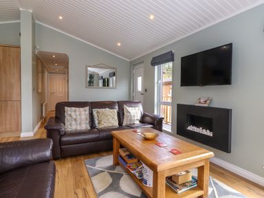 A living room with brown leather sofas a wooden coffee table a wall-mounted TV and a fireplace at Claife View Lodge in Troutbeck Bridge