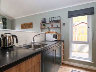 A kitchen counter with a sink kettle microwave and glasses on shelves at Claife View Lodge in Troutbeck Bridge