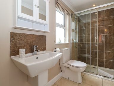 A bathroom with a sink a toilet a window with bottles and a glass shower enclosure with brown tiles at Claife View Lodge in Troutbeck Bridge