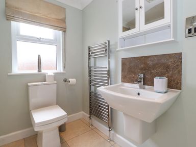 A bathroom with a toilet a window with a blind a sink with a cabinet above and a towel radiator at Claife View Lodge in Troutbeck Bridge