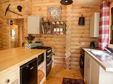 A kitchen with wooden walls cabinets and appliances at Wilderness Lodge in Stiperstones