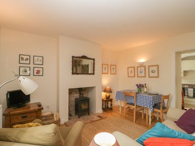 A living room with a wood stove fireplace a dining table with checkered tablecloth and chairs at Drover's in Sutton Mallet