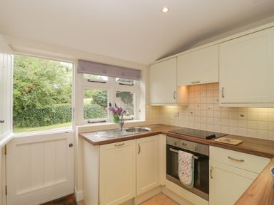 A kitchen with cream cabinets a wooden countertop a stainless steel sink an oven and a door opening to a garden at Drover's in Sutton Mallet