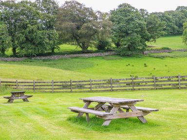 Two wooden picnic tables on grass near a wooden fence with trees and green fields in the background at Buttermere in Sawrey near Hawkeshead