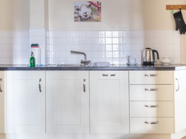 A kitchen countertop with a sink soap dispenser kettle and kitchen gloves hanging at Buttermere Sawrey near Hawkeshead