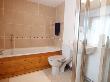 A bathroom with a bathtub wood panel toilet sink and a shower enclosure at Ffynnon Gower in Llangower near Bala