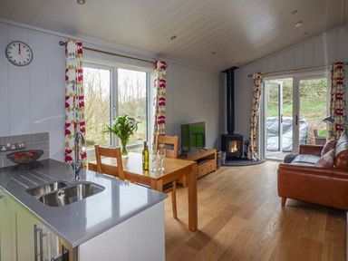 A living room with a kitchen sink wooden dining table chairs a TV wood stove and leather sofa at Shepherd Lodge in Allithwaite near Grange-over-Sands