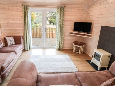 A living room with brown sofas a white rug a wall-mounted TV a small stove and glass doors with green curtains at Thorntree Lodge in Rowsley