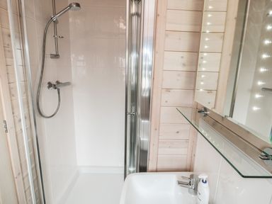 A bathroom with a shower, a sink, a mirror with lights, and a soap dispenser at Thorntree Lodge in Rowsley