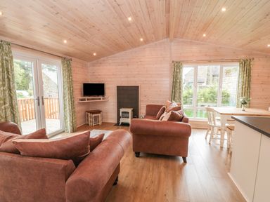 A living room with brown sofas a small TV near a fireplace and a dining table by large windows at Thorntree Lodge in Rowsley
