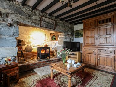 A living room with stone walls a fireplace wooden furniture and a television at Hendy Cottage in Llanbedr near Harlech
