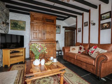 A living room with a wooden cabinet a brown sofa with cushions a wooden coffee table with a tea set and flowers and a television on a stand at Hendy Cottage Llanbedr near Harlech