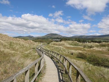 A wooden boardwalk path through grassy dunes with hills and a town in the background at Hendy Cottage in Llanbedr near Harlech