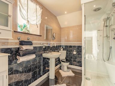 A bathroom with a shower cubicle toilet and sink at Y Becws in Llanbedr near Harlech