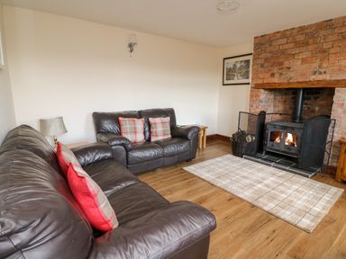 A living room with two leather sofas a fireplace with firewood and a rug at Green Cottage in Pant-y-Dwr near Rhayader