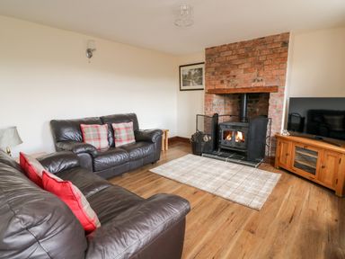 A living room with leather sofas a wood burning stove and a television at Green Cottage Pant-y-Dwr near Rhayader