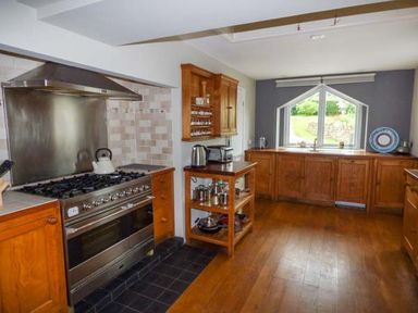 A kitchen with wooden cabinets a stainless steel stove and oven a window with a garden view at Corner Cottage in Reynoldston near Swansea