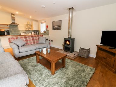 A living room with two sofas a coffee table rug wood stove and television next to an open kitchen at Y Felin - Moana in Borth near Aberystwyth