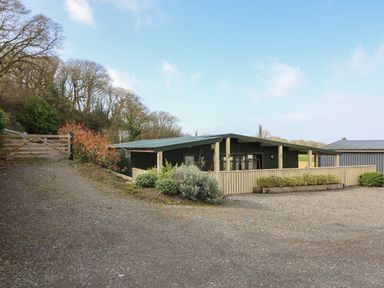 A single story house with a green roof and wooden fence surrounded by trees and gravel driveway at Y Felin - Moana in Borth near Aberystwyth